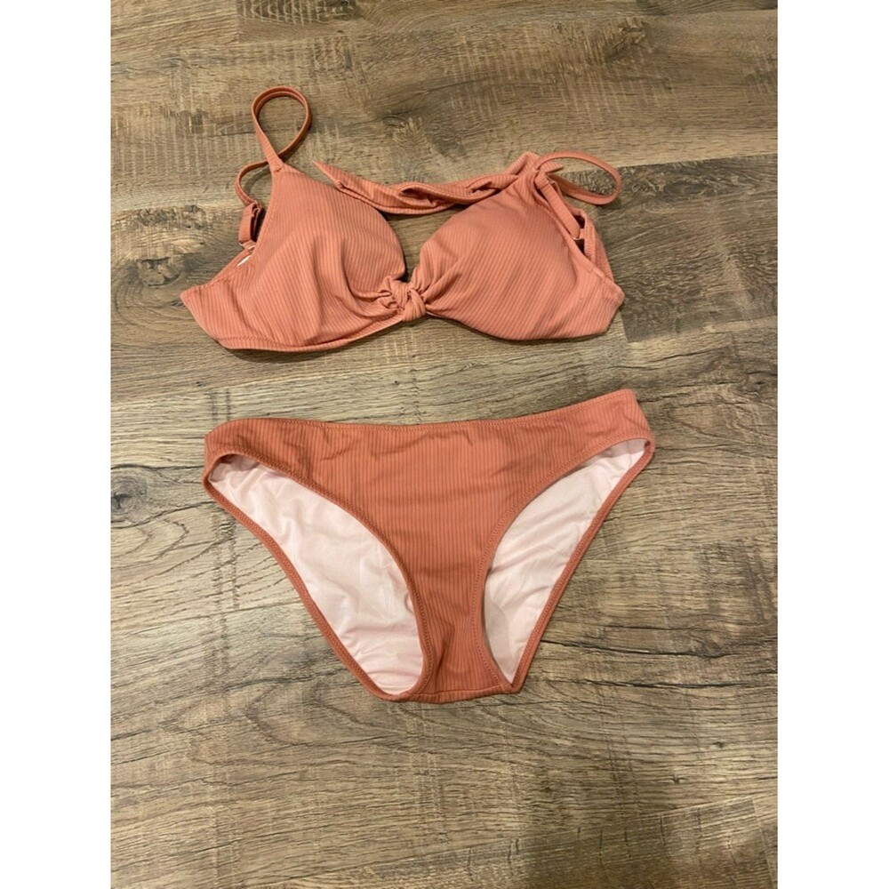 Shade & Shore M 34C Ribbed Tie-Front Bikini Set - Dusty Coral